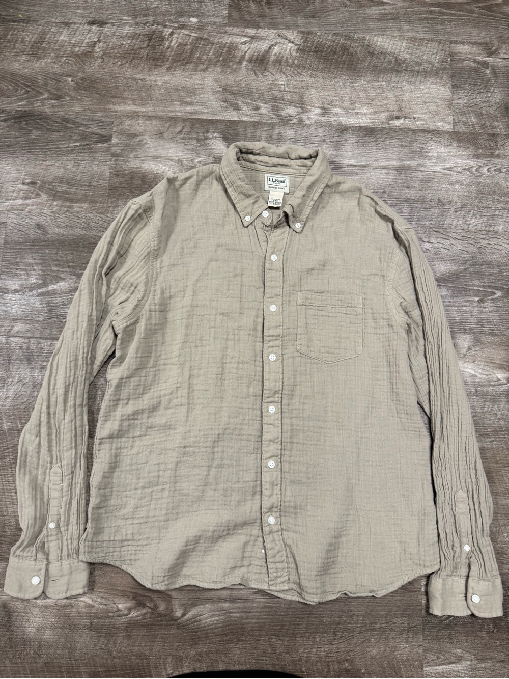 LL Bean Beige Button Front Shirt Slightly Fitted 100% Cotton Large